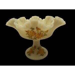 Fenton Custard Glass Ruffle Edge Compote Candy Dish Hand Painted Artist Signed